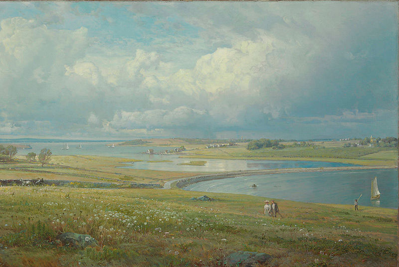 Mackerel Cove, Jamestown, Rhode Island, oil on canvas painting by William Trost Richards, laid down on masonite